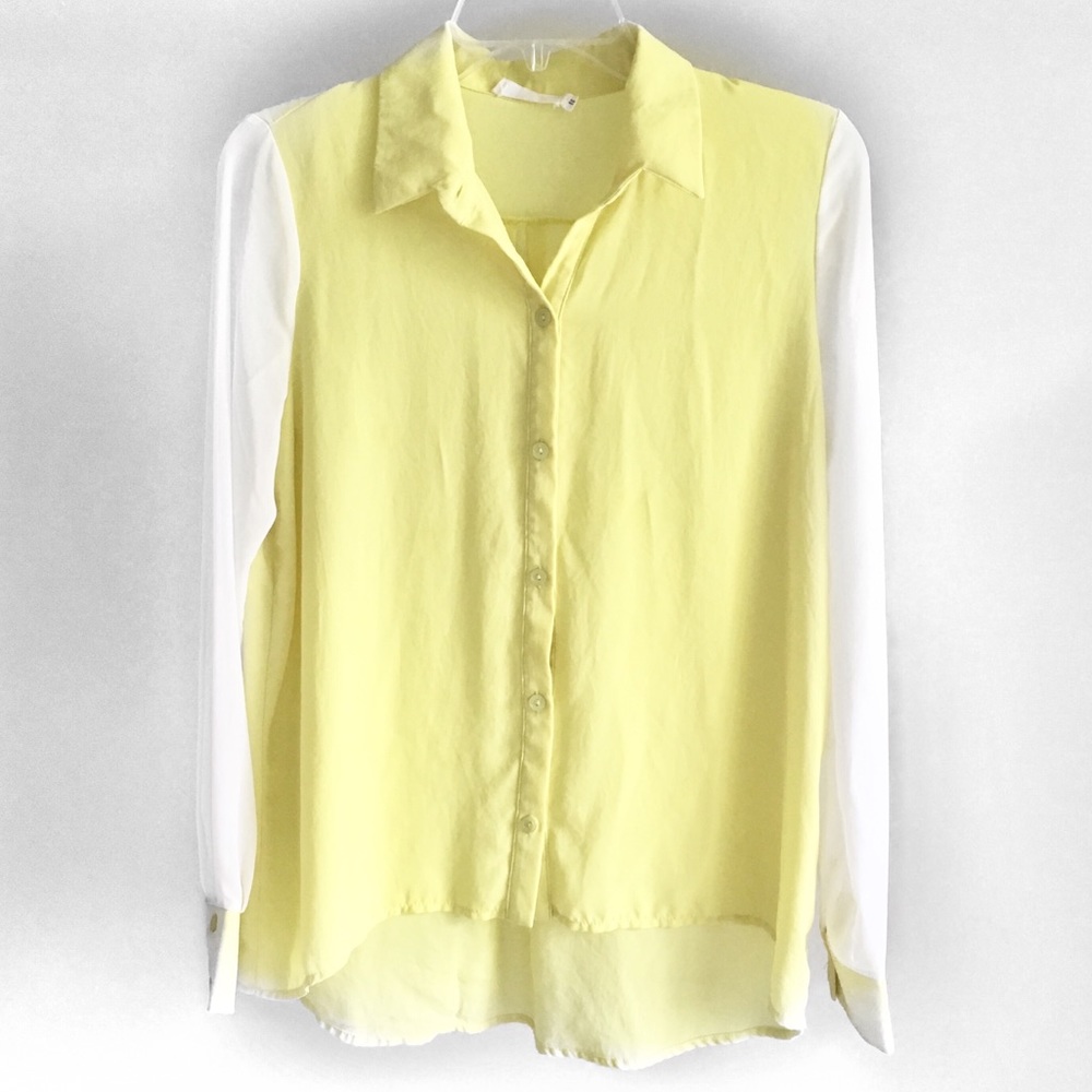 Lush Bright Yellow & White Sheer Button Down Blouse – Size Small